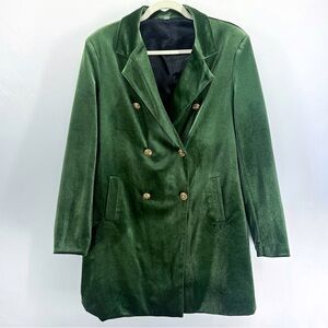 Emerald Green Velvet Double Breasted Longline Blazer Coat Gold Buttons Large